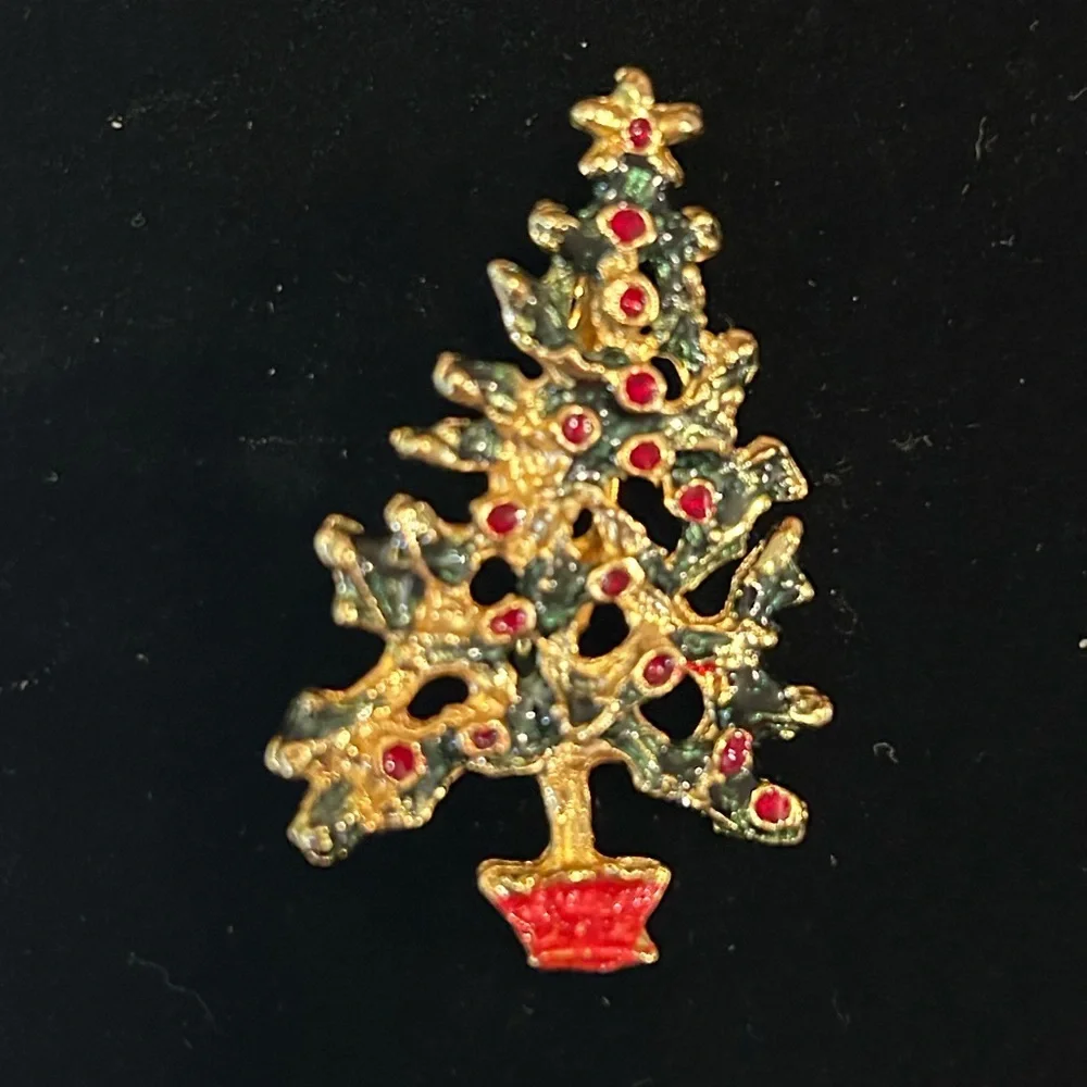 Gold Christmas Tree Brooch with Red and‎ Green Accents